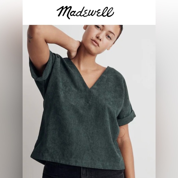 Madewell Corduroy V-Neck Top Shirt Button Down Back - Dark Green - Picture 3 of 10